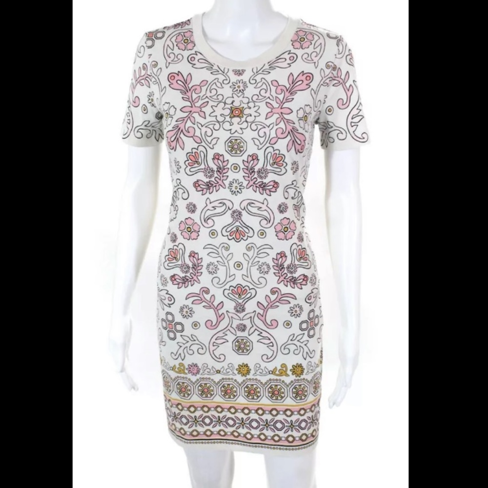 Tory Burch Womens Floral Crew Neck Short Sleeve Shirt Dress White Size Small